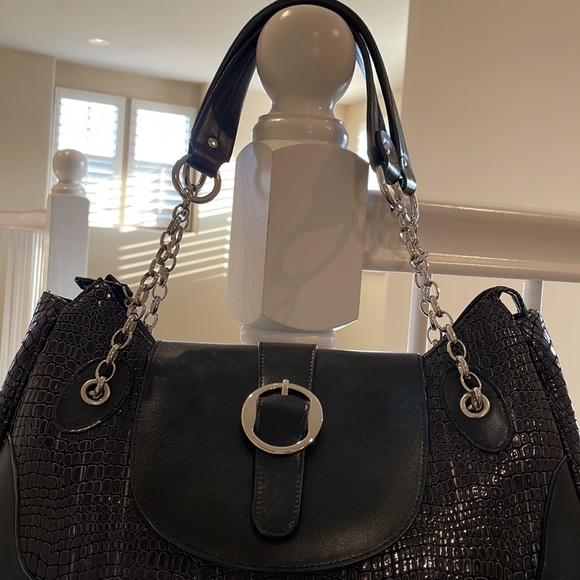 CHARLIE LAPSON BLACK HANDBAG/ SHOULDER BAG WITH SILVER TONE HARDWARE - Picture 3 of 16